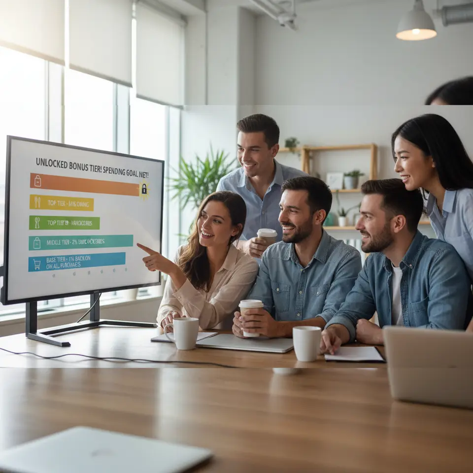 A colorful multi-tiered bar chart illustrating a tiered cashback program: the base tier (1% back on all purchases), a middle tier (2% back on dining expenses), a top tier (3% back on groceries), and an unlocked bonus tier activated once a spending threshold is met.