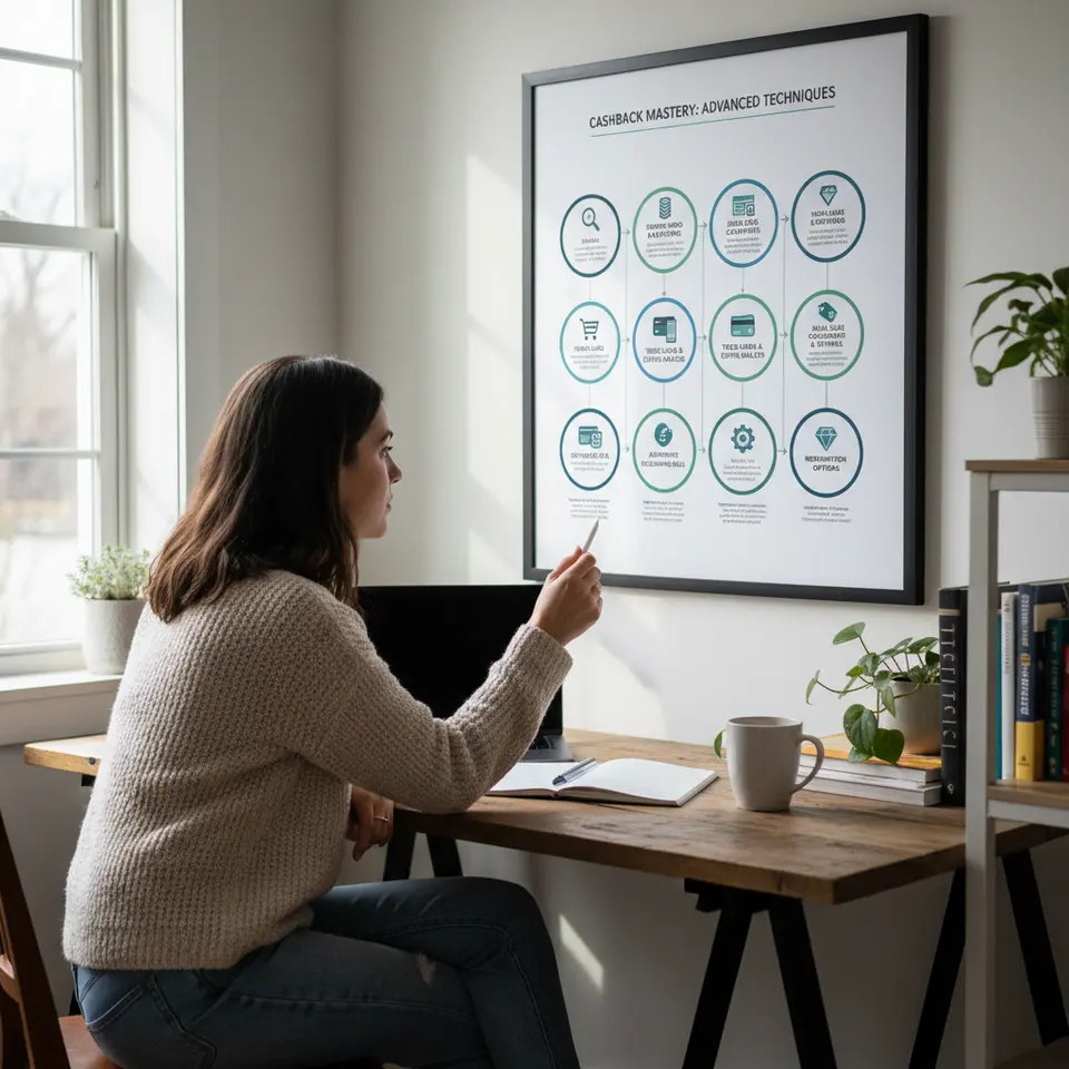 An infographic flowchart of advanced cashback-maximization techniques: mapping and monitoring expenses by category, front-loading large payments, linking a tiered card to digital wallets, stacking merchant coupons and portal deals, automating recurring bills, strategically rotating cards, and choosing high-value redemption options.