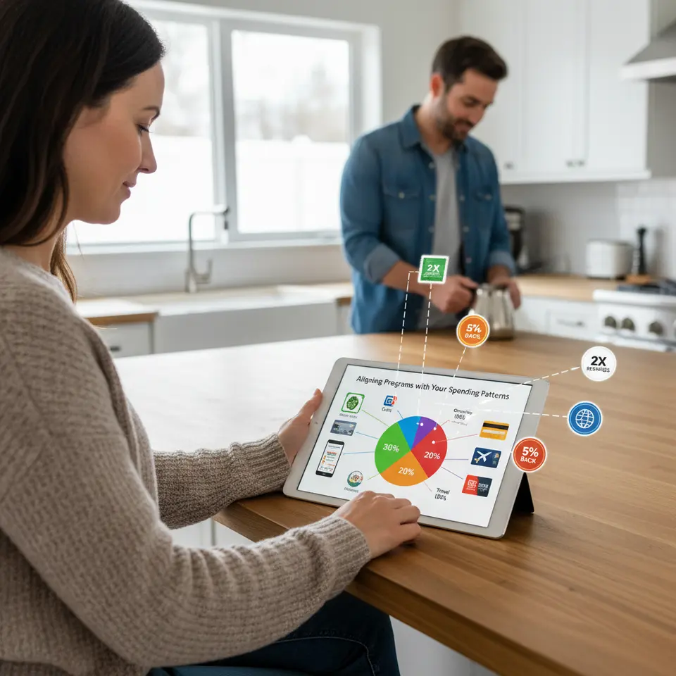 Aligning Programs with Your Spending Patterns – A vibrant scene showing a shopper’s monthly expenses broken into a colorful pie chart (groceries, gas, dining, travel, subscriptions), with each segment connected by lines to matching credit cards, store apps, and loyalty program icons that highlight boosted reward rates.