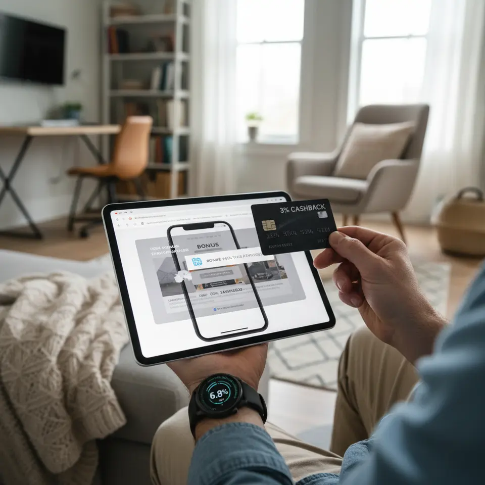 Layering Offers for Optimal Returns – A close-up of a single purchase being supercharged by multiple incentives: a credit card displaying 3% cashback, a smartphone screen with a mobile wallet bonus popup, and a browser window featuring a coupon/code overlay, all merging into a rising total cashback percentage.