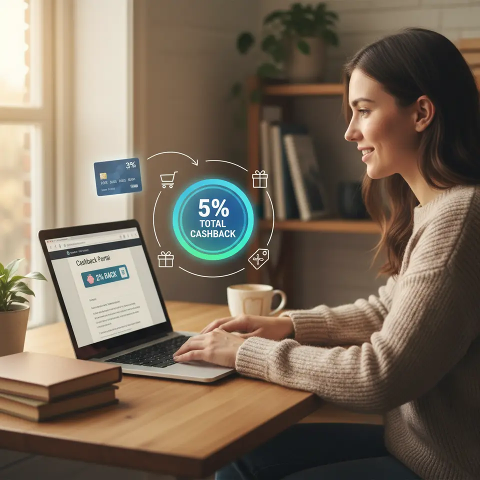 Dynamic illustration of merchant-portal stacking: a shopper at a laptop with a browser window open to a cashback portal offering “2% back,” a floating credit-card overlay showing “3% back,” arrows merging into a central badge reading “5% total cashback,” with coupon and shopping bag icons orbiting the scene.