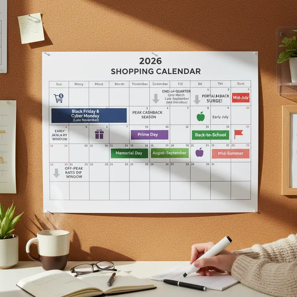 A 2026 shopping calendar view with color-coded blocks and icons marking peak cashback seasons (Black Friday & Cyber Monday, Prime Day, Back-to-School, Memorial Day) and off-peak windows (Early January, End-of-Quarter, Mid-Summer), illustrating when portal rates surge and dip.