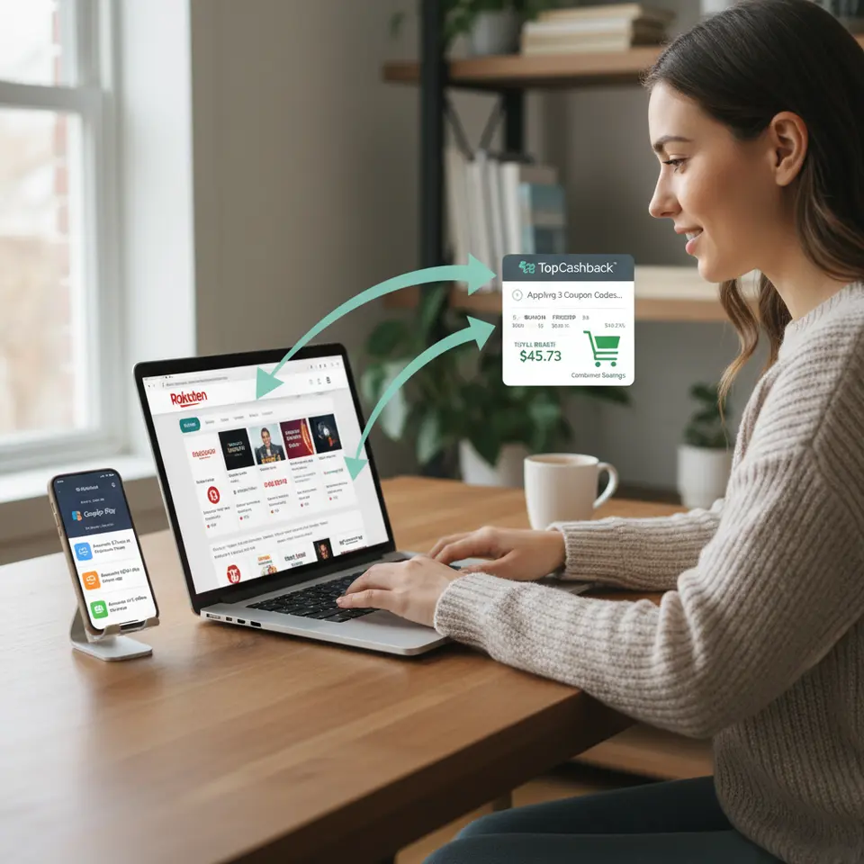 Illustrate a multi-layered cashback stacking process: a shopper on a laptop starting at an online portal (Rakuten/TopCashback), a browser extension pop-up applying coupon codes in real time, and a smartphone screen showing activated mobile wallet offers—all converging into a single purchase with visual arrows indicating combined rebates.
