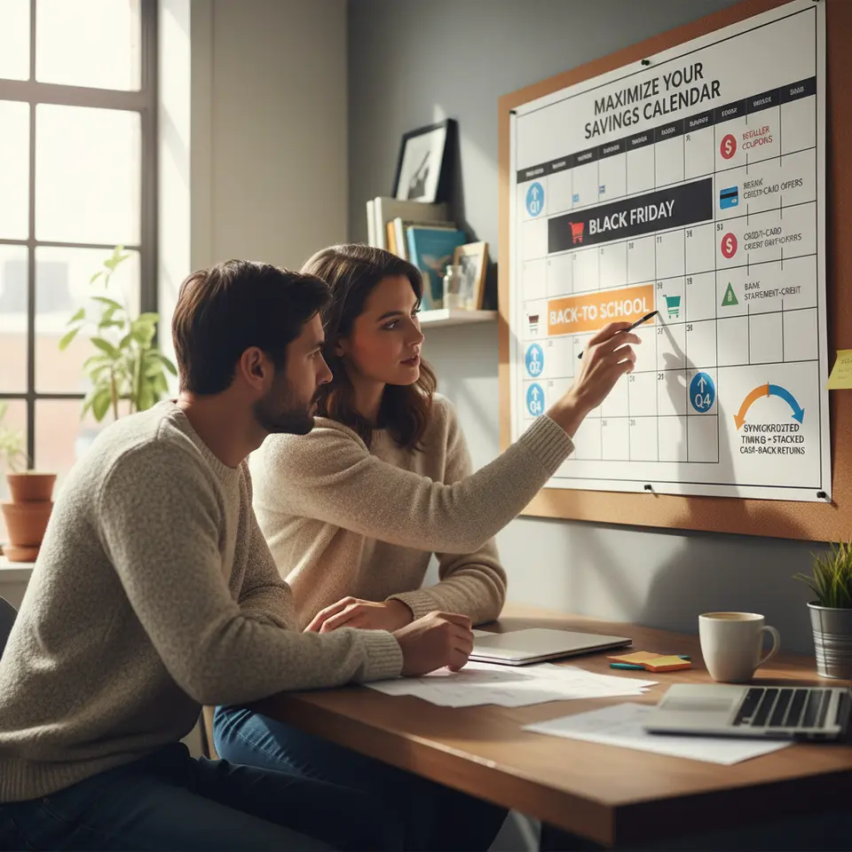 Create a promotional calendar and timeline: highlight peak sale events (Black Friday, back-to-school, fiscal-quarter boosts) with colored markers and icons for retailer coupons, credit-card offer activations, and bank statement-credit promotions, showing how synchronized timing maximizes stacked cash-back returns.