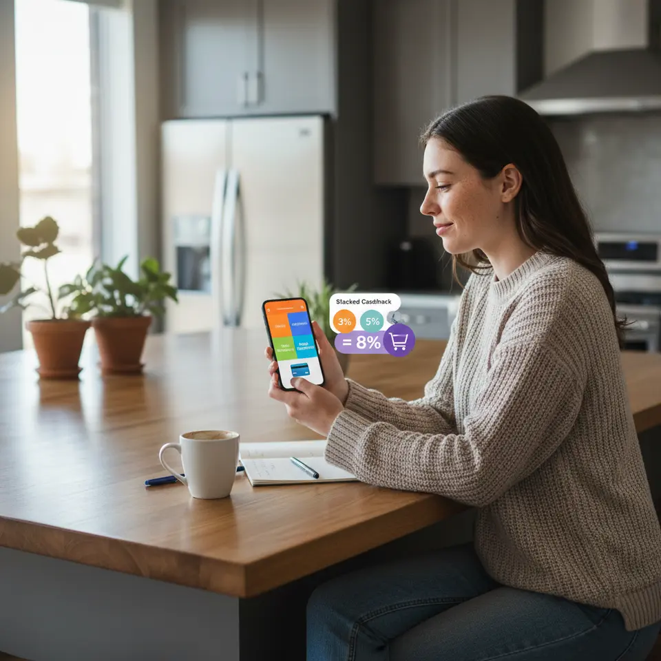 A vibrant illustration of a digital calendar on a smartphone screen, each quarter’s rotating cashback categories (dining, groceries, home improvement, streaming) color-coded, alongside credit card icons and shopping portal pop-ups showing stacked cashback percentages (e.g., 3% + 5% = 8%).