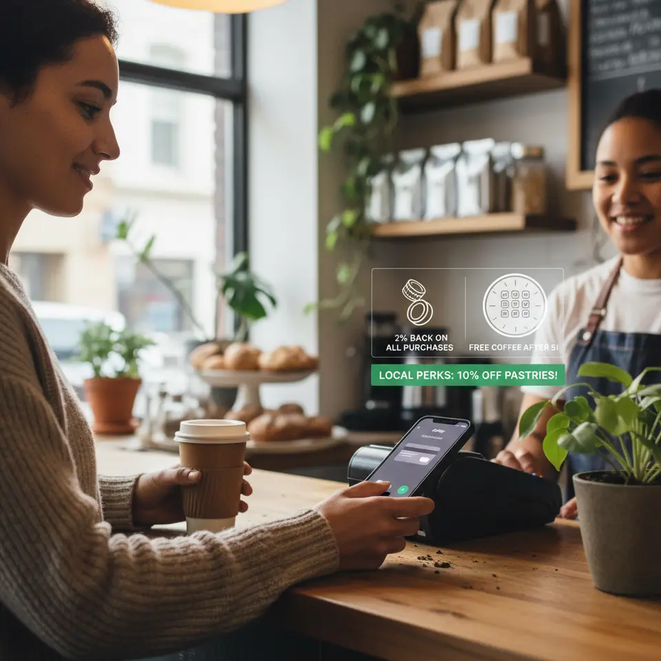 A cozy local café scene where a customer taps a smartphone wallet (Apple Pay/Google Pay) at a payment terminal, with overlaid icons for wallet promotions (e.g., 2% back) and a digital loyalty punch card or coalition rewards app notifying the user of local merchant perks.